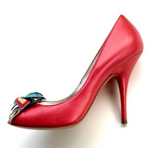 Casadei Elegant Red Stiletto Open toe Heels Multicolor Flower Metallic Bow, 7